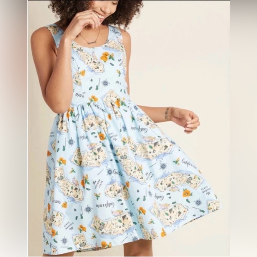 Modcloth Light Blue California Map Fit-and-Flare Dress Size 1X